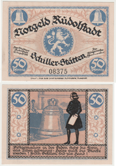 German Notgeld banknote from Rudolstadt, 50 Pfennig, 1921, featuring Friedrich Schiller's 'Das Lied von der Glocke' imagery and text