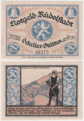 German Notgeld banknote from Rudolstadt 1921, 50 Pfennig, featuring Friedrich Schiller's Das Lied von der Glocke