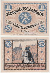 German Notgeld banknote from Rudolstadt featuring Friedrich Schiller's Das Lied von der Glocke and Stadtkirche Rudolstadt