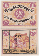 German Notgeld banknote from Rudolstadt, 75 Pfennig, 1921, featuring illustrations and text from Friedrich Schiller's 
