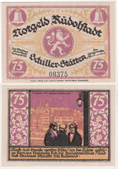 German Notgeld banknote from Rudolstadt featuring Friedrich Schiller's 'Das Lied von der Glocke' illustration and text, 75 Pfennig, 1921