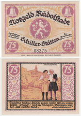 German Notgeld banknote from Rudolstadt with Friedrich Schiller's 'Das Lied von der Glocke' text and Heidecksburg illustration, 75 Pfennig, 1921