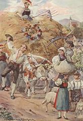 Illustration of Friedrich Schiller's Song of the Bell showing colorful sheaves of grain and a wreath on a field