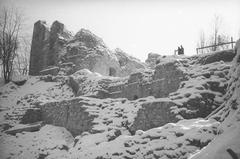 Historic Vilnia Horny zamak fortress in 1937 black and white photograph