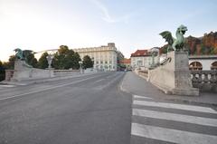 Dragon Bridge over the Ljubljanica River in Ljubljana, Slovenia with iconic dragon statues