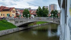 View of Ljubljana city with Ljubljanica River and Dragon Bridge