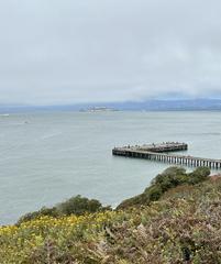 Scenic view of Torpedo Wharf over water with boats and shoreline in the background