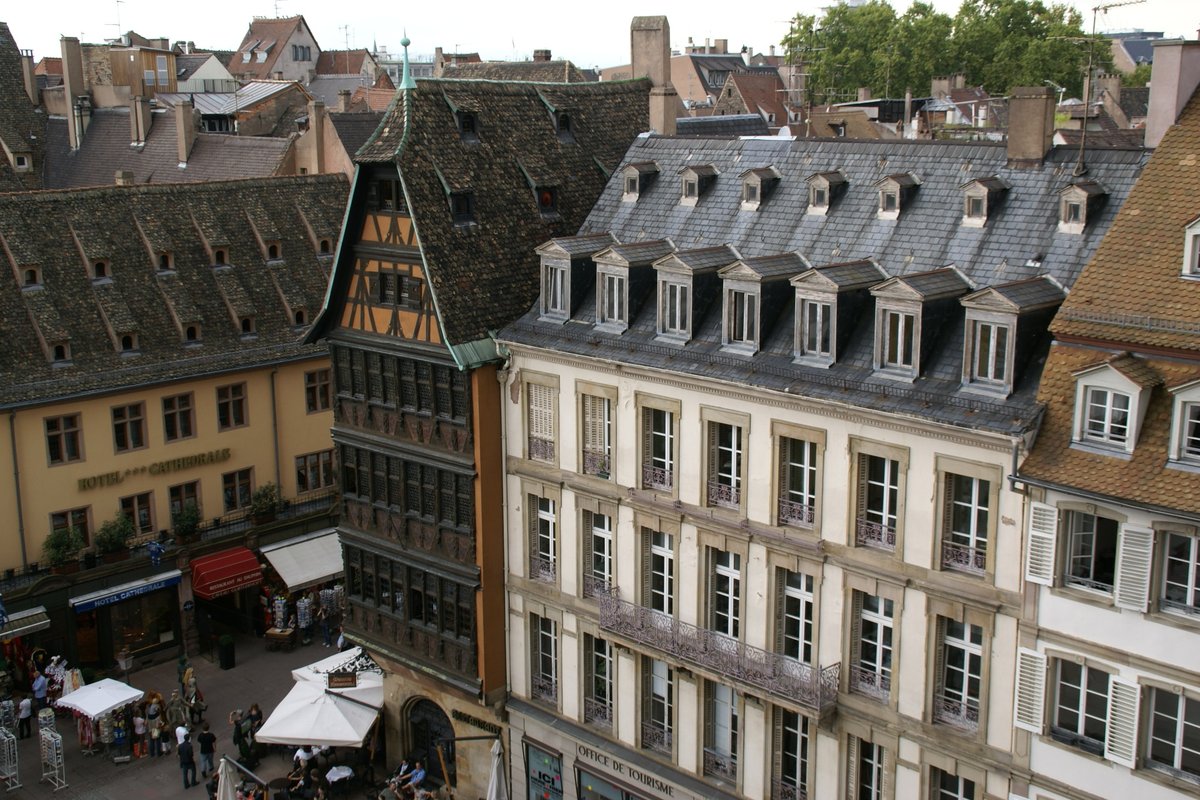 Scenic view of Strasbourg city from Strasbourg Cathedral showing historic buildings and rooftops
