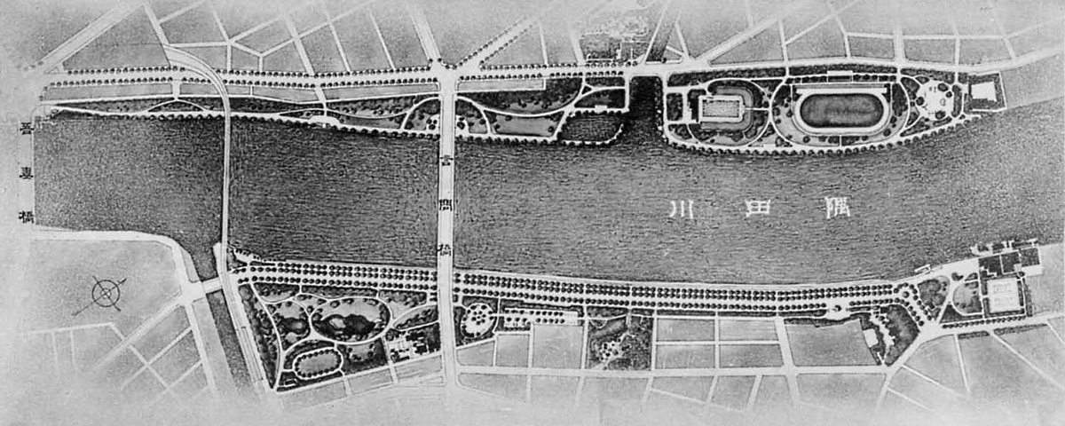 Sumida Park map in Tokyo, Japan old plan