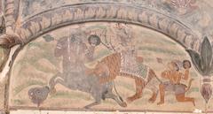 Mural of Goddess Durga fighting Mahishasuramardini with Hanuman from Burj Temple Jammu India