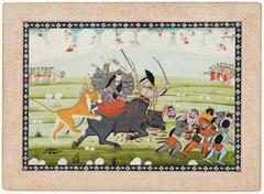 Ancient Indian sculpture depicting goddess Durga with decapitated bull and demon Mahishasura, driving off remaining demons, gods applauding in clouds
