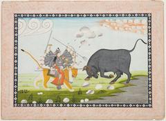 Durga goddess in combat with Mahishasura bull demon Indian art