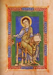 Medieval Evangelist illustration from the Evangeliar HAStK depicting a richly decorated religious figure