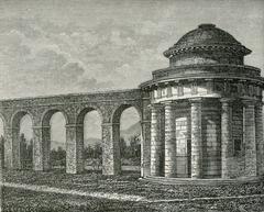 Woodcut depicting the Tempietto and part of the aqueduct in Lucca by Hercule Catenacci
