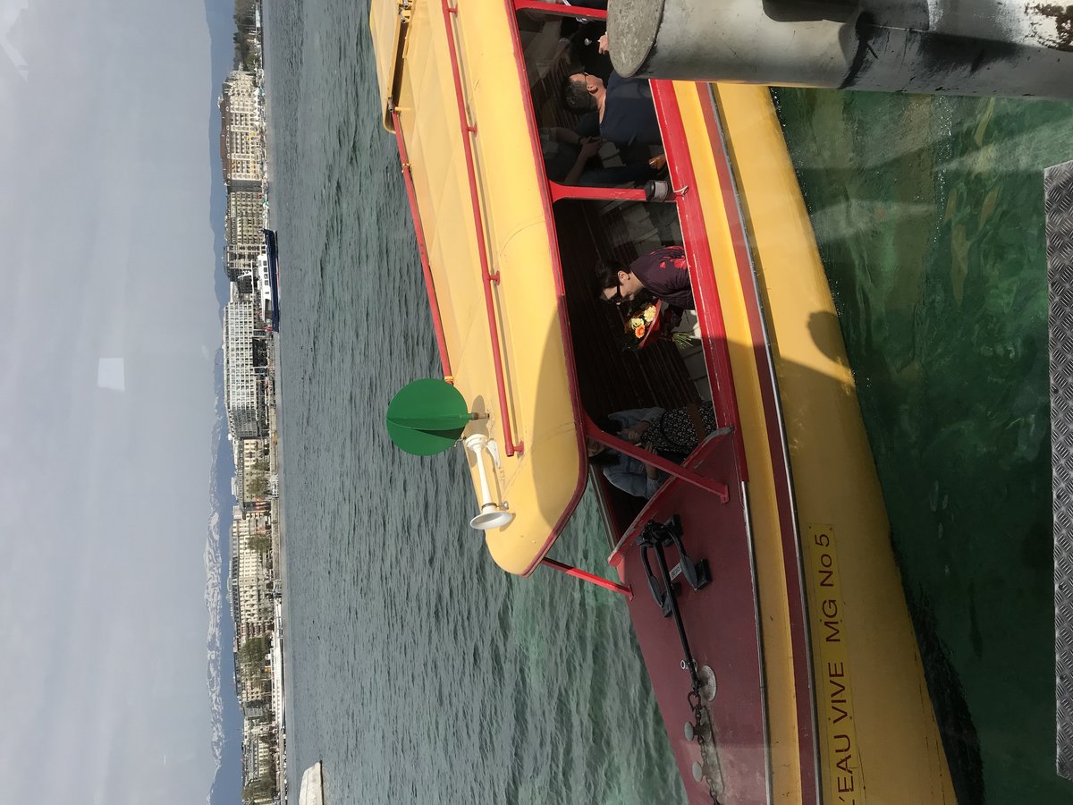 Mouettes genevoises yellow shuttle boats in Geneva harbor