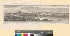 Panoramic engraving of Geneva city from northeast showing Cologny hillside, Lake Geneva, extensive fortifications, old town landmarks including cathedral, Tour de l'Isle, Rousseau Island, and distant Vuache and Jura mountains