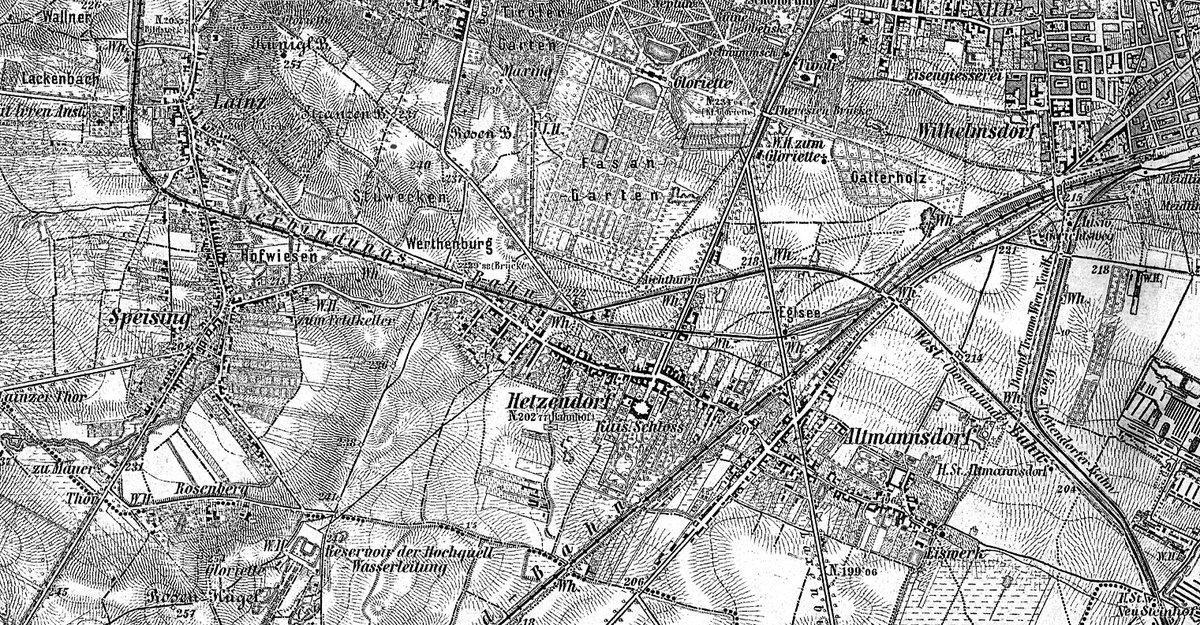 Historical railway junction map of southern Vienna showing connecting lines between Lainz and Meidling in 1901