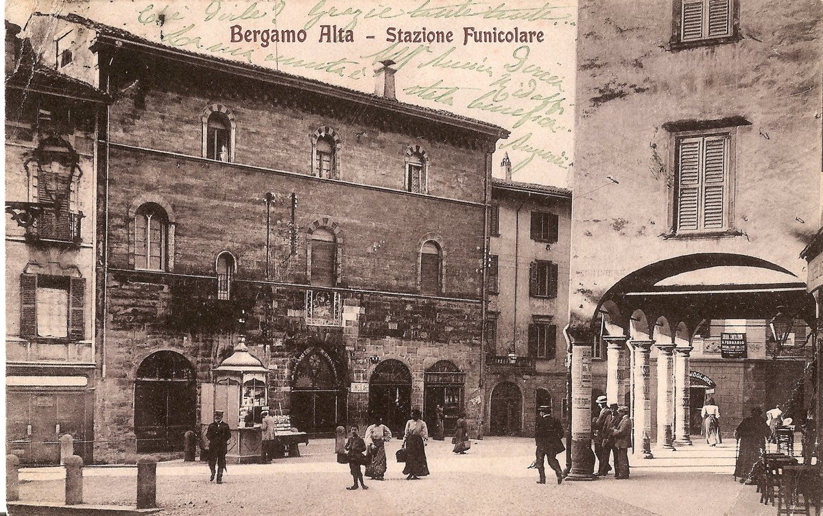 Bergamo Alta funicular station with historic buildings in Bergamo, Italy