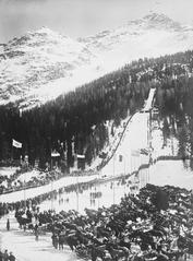 Olympiaschanze ski jump in St. Moritz during the 1928 Winter Olympics