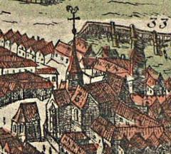 Bird's-eye view of Vienna from the north featuring Schottenkirche church in 1609