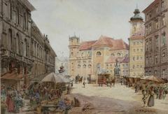 View of Schottenkirche from Freyung in Vienna with signature K. Zajicek, watercolor on paper