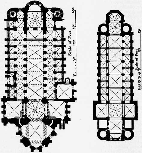 Architectural plans of Mainz Cathedral and Worms Cathedral from 1911 Encyclopædia Britannica