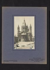 Exterior view of the Mainz Cathedral (Dom) and tower along the Rhine River in Mainz around 1900