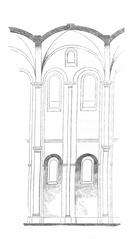 Side view architectural drawing of the Mainz Cathedral construction setup from 1858
