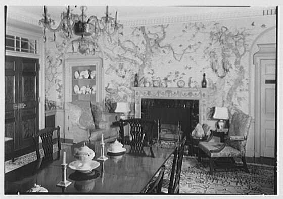 Mr. and Mrs. Edgar B. Stern dining room with fireplace at 11 Garden Ln. New Orleans Louisiana 1947