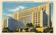 Historic Los Angeles County General Hospital building in Los Angeles, California on a linen-textured postcard