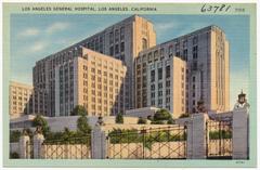 Los Angeles General Hospital building in Los Angeles, California, shown in a vintage color postcard