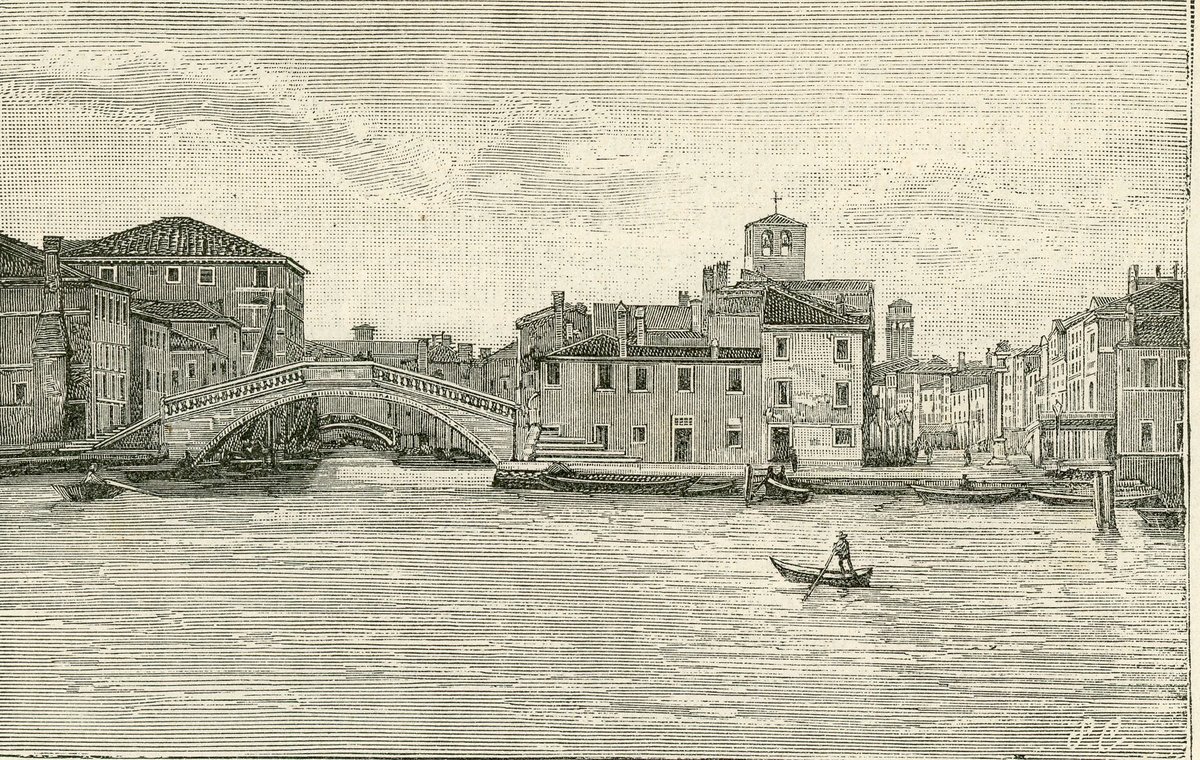 Chioggia Ponte di Vigo woodcut illustration depicting historical bridge and canal scene