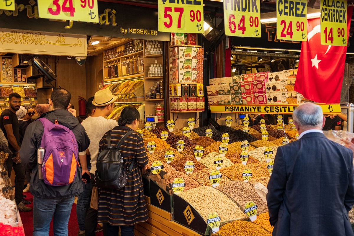Spice bazaar packed with a variety of colorful spices in sacks