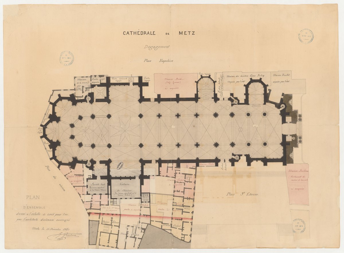 Architectural drawing of the overall layout of the restoration clearances at Cathédrale de Metz from 1861