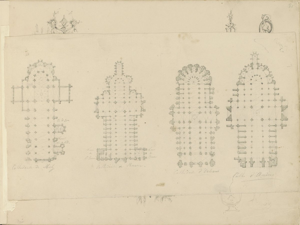 Architectural floor plans of the cathedrals of Metz, Rouen, Orléans and Amiens drawn in pencil on paper by Pierre Joseph Hubert Cuypers around 1850
