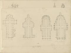 Architectural floor plans of the cathedrals of Metz, Rouen, Orléans and Amiens drawn in pencil on paper by Pierre Joseph Hubert Cuypers around 1850
