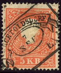 5 kreuzer postage stamp issued in 1859, cancelled in Perchtoldsdorf, Lower Austria