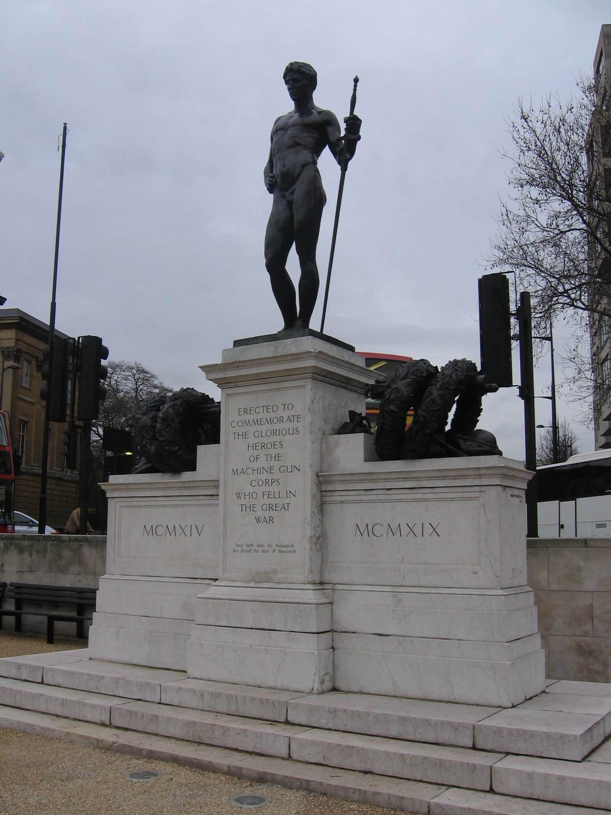 Statue of David in London commemorating World War fallen soldiers