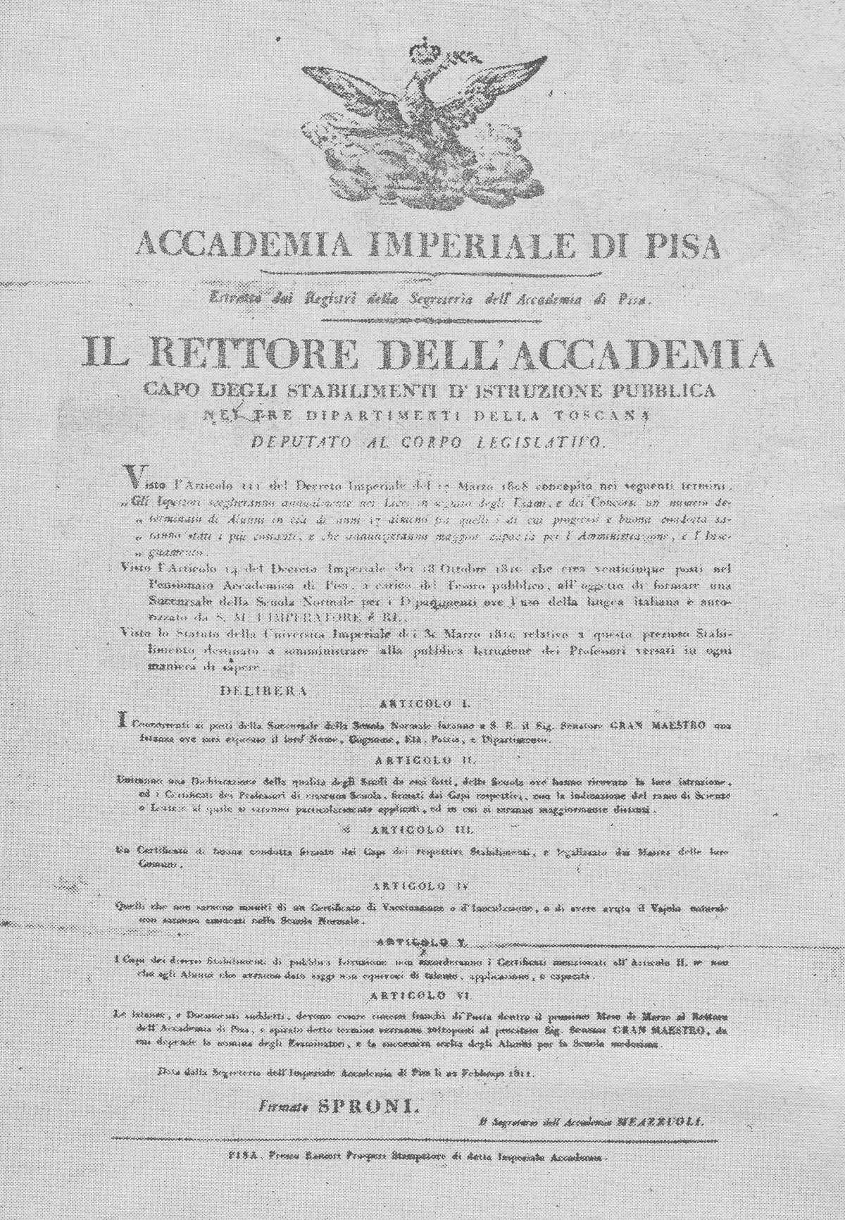 Historic regulation document of Scuola Normale in Pisa from 1811