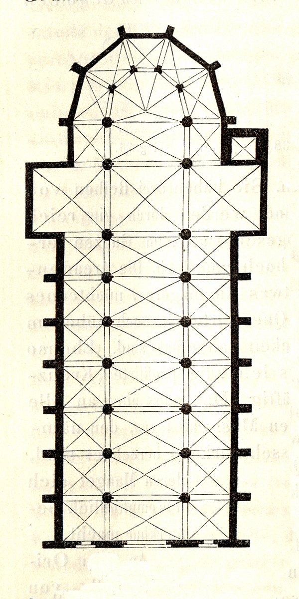Woodcut floor plan of San Francesco in Bologna from 1860 illustrating medieval Italian architecture