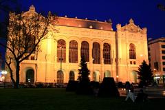 Night view of Pesti Vigadó theater illuminated in Budapest Hungary