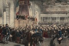 Opening ceremony of the Hungarian parliament in 1848 with crowd and historic buildings