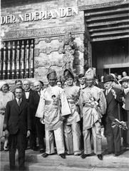 Princes of Lankat, Deli and Serdang standing outside the Dutch Pavilion at the 1931 Colonial World Exhibition in Paris