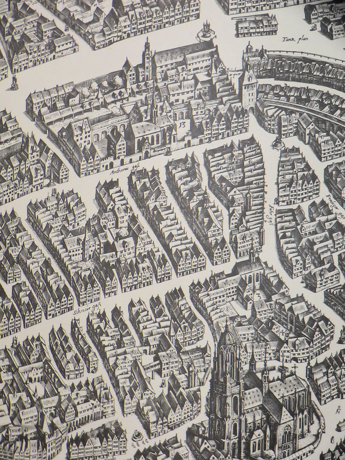 Historical copper engraving of Frankfurt am Main's northern old town in 1628 by Matthäus Merian