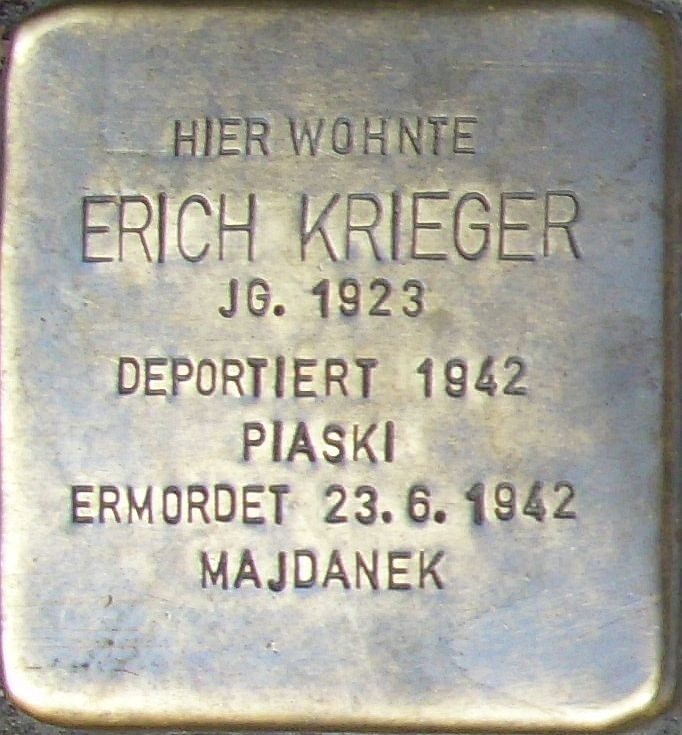 Stolperstein dedicated to Erich Krieger in Mainz, Germany embedded in pavement