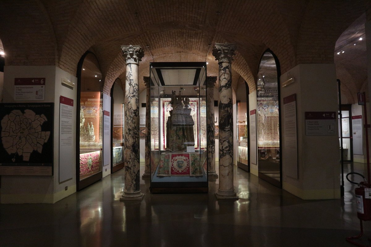 Interior view of the Jewish Museum of Rome showing historical artifacts and displays