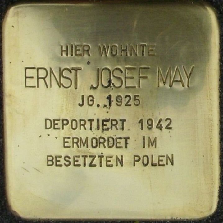Stolperstein dedicated to Ernst Josef May in Mainz, Germany embedded in pavement