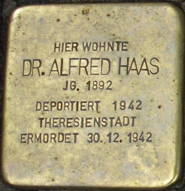 Stolperstein dedicated to Dr. Alfred Haas embedded in the pavement in Mainz, Germany