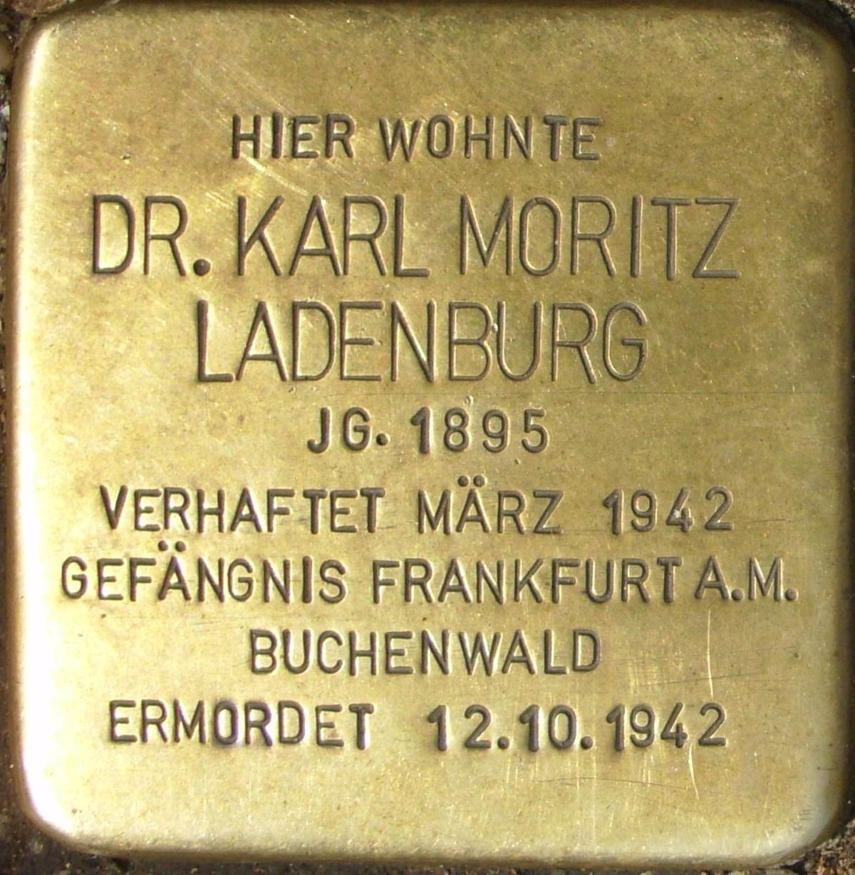 Stolperstein dedicated to Dr. Karl Moritz Ladenburg in Mainz, Germany embedded in pavement