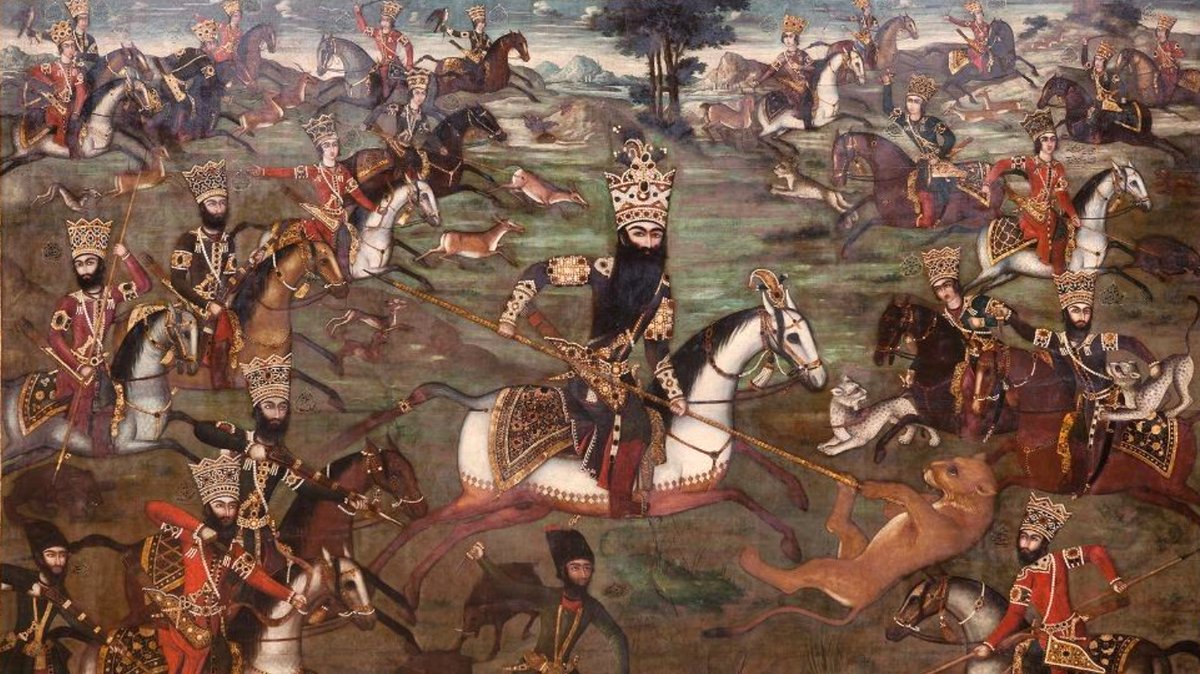 Portrait of Fath Ali Shah Qajar (1797-1833) with his twenty-two sons, historical royal family painting